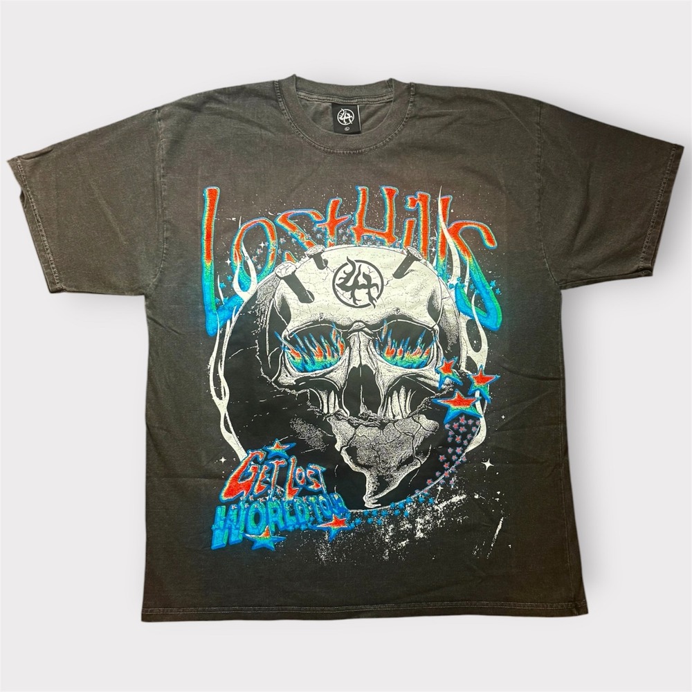 Lost Hills Get Lost World Tour Graphic T-Shirt Faded Black Skull Large